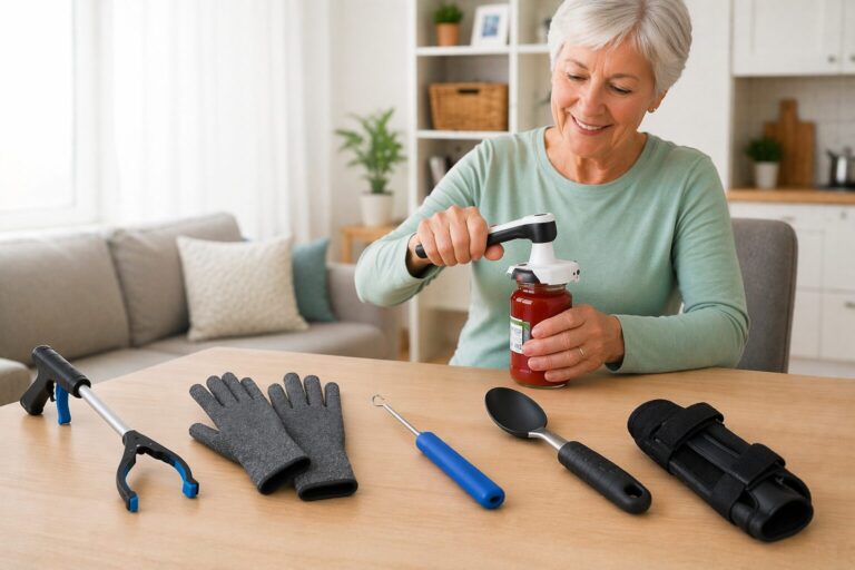 Person with arthritis using adaptive aids