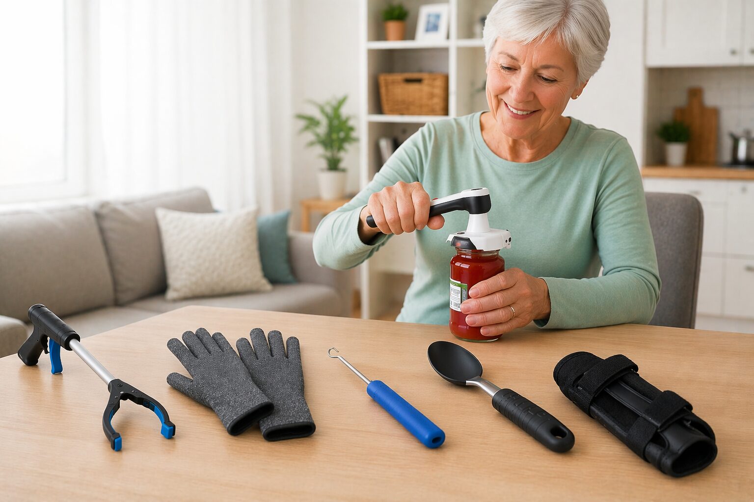 Person with arthritis using adaptive aids