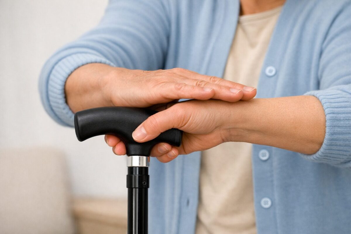 Older adult adjusting the height of a black cane to wrist‑crease level, demonstrating proper mobility aid fit for arthritis comfort and posture.